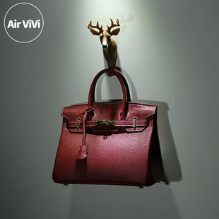 airvivi-瑛-真皮铂金包荔枝，纹头层牛皮酒，红色女包手提包欧美时尚