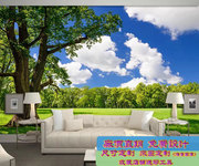 绿色大树菩提树墙壁纸，3d田园风景客厅沙发电视，背景墙蓝天草地壁画