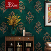 欧式大花绿色无纺布大马士革墙纸，奢华卧室客厅，背景墙壁纸复古美式