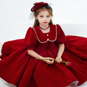 2022女童公主裙花童蓬蓬纱小主持人生日钢琴演出服红色晚礼服