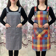 纯棉布格子围裙女家用厨房，防油污做饭罩衣时尚，可爱透气背带工作服