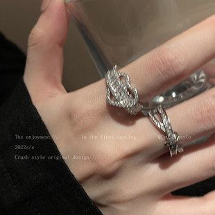 爱心交叉锆石戒指女ins风小众，设计高级感食指，戒轻奢独特夸张指环