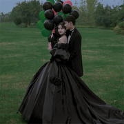 影楼主题婚纱黑色大花朵，泡袖气质旅拍时尚个性，森系赫本风写真礼服
