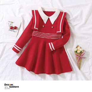 女童红色连衣裙儿童针织毛衣裙(毛衣裙)学院风，翻领宝宝长袖裙子小女孩童装