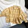 高级感手感软糯的宽松衬衫，韩国儿童棉麻小翻领蝙蝠衫格子衬衫春