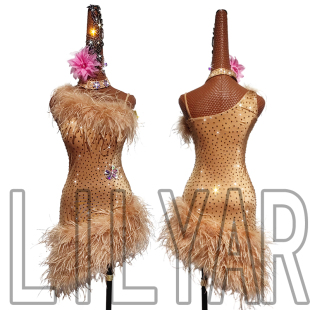 liliyar拉丁舞比赛服成人表演服演出服纯色羽毛，定制肤色舞裙
