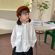 2024韩版春季儿童衬衣，女童休闲纯色衬衫，男童洋气百搭长袖上衣