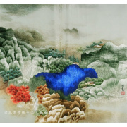 山水风景客厅玄关壁画特色，手工绣品老绣片手工，刺绣苏绣装饰画