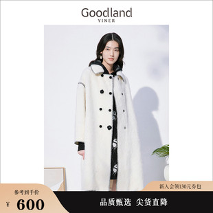 goodland美地女装冬季时尚，羊毛阿尔帕卡含羊驼毛呢大衣白色外套