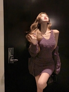 紫色毛衣开衫外套气质小香风针织套装内搭背心女秋冬半身裙三件套