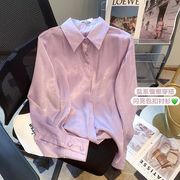 紫色衬衫女春季法式甜美温柔高级感设计感小众泡泡袖尖领缎面衬衣