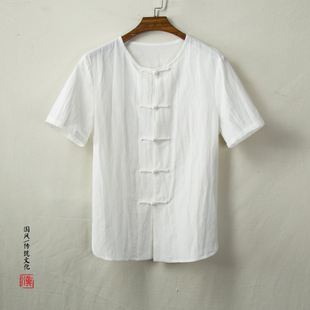 中国风亚麻短袖衬衫男夏季大码宽松棉麻唐装复古盘扣T恤中式上衣