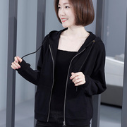 全棉宽松秋衣外穿带帽大码女装纯棉连帽黑色休闲二八月外套女春秋