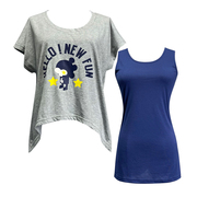 品牌折扣两件套T恤运动套装女弹力宽松背心透气印花短袖蓝色t恤潮