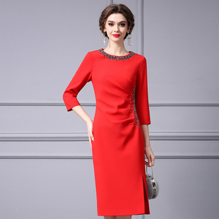 枝荔红色高端奢华重工镶钻成熟气质，高腰显瘦开叉一步裙连衣裙春款