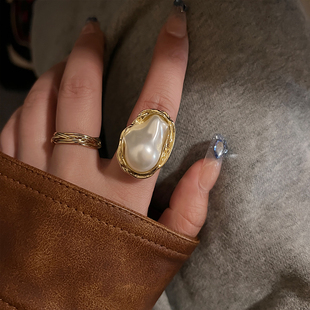 轻奢小众复古设计感超大珍珠，戒指女高级感夸张金属开口戒食指指环