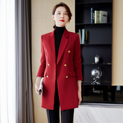 红色西装外套女秋冬季2024年会正装上衣高级感中长款西服大衣