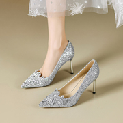亮片水晶婚鞋女细跟春法式小众设计高跟鞋水钻尖头主持礼仪伴娘鞋