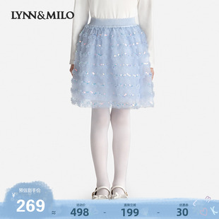 LYNNMILO琳麦罗儿童2024公主裙款洋气蓝色网纱女童短半裙子