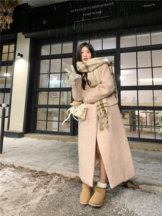 韩系甜美气质设计感西装领毛呢外套女冬季高级感长款浅色呢子大衣