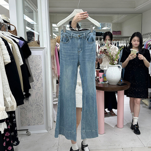 十三行2024春装韩版女装高腰修身显瘦设计感拼接牛仔喇叭裤女