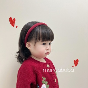 韩国女童复古酒红色头箍百搭气质超显白新年(白新年)红细边发箍儿童头饰品