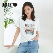 ugiz商场同款2022夏季韩版女装圆领下摆，打结印花t恤女ubtf903