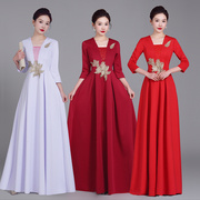 女士合唱服南韩丝长裙团体舞台合唱服大红白色合唱演出服装