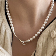 s925纯银锁扣施华洛珍珠项链女小众，设计高级感毛衣链轻奢颈链串珠