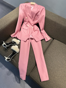vanlu定染粉色系~高级通勤ol套装精纺羊毛双排，扣修身西装+直筒裤