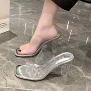 凉拖女2023年夏季外穿中跟方头网红拖鞋水晶跟透明高跟鞋粗跟