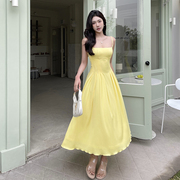 girlsat18黄色吊带性感连衣裙女法式高级感气质显瘦海边度假长裙