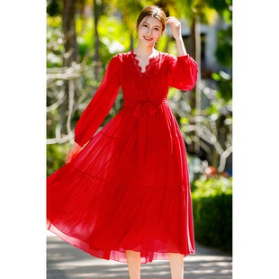 美妃红色法式长袖显瘦小个子高级感高端精致连衣裙2023女春夏