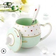 创意陶瓷色釉韩式马克咖啡杯带盖带勺 萌杯泡茶杯可混批