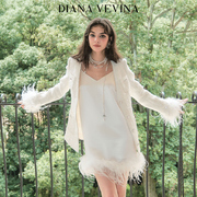 DIANA VEVINA亮片V领鸵鸟毛小香外套白色羽毛吊带连衣裙套装23AW