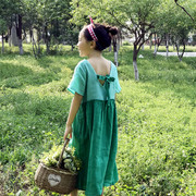原创童装女童夏季亚麻绿色半袖连衣裙拼接宽松文艺范长裙海边度假