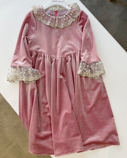 100-145韩系高端女童粉色丝绒蕾丝领袖口长袖连衣裙礼服裙