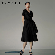 TYSKJ台绣黑色连衣裙2023年夏季高腰两件套女长裙V领显瘦小众