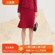 EMOO杨门2024秋装半身裙红色中裙高腰红色短裙包臀西装裙季