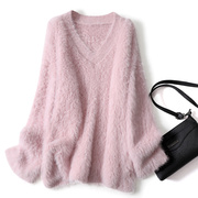 粉色针织衫女秋冬宽松慵懒风减龄气质长袖毛衣百搭纯色打底上衣