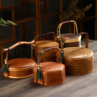 竹编提篮手提复古篮子，竹双层食盒，月饼礼盒便携茶道茶具收纳盒
