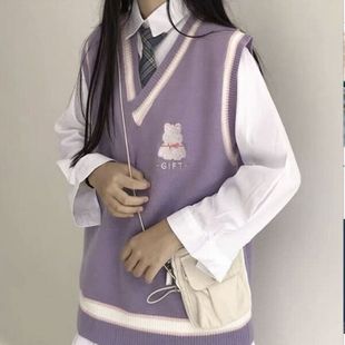 日系软妹学院风套装女春秋宽松白色衬衫+紫色针织毛衣马甲两件套