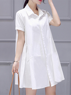 短袖白色衬衫女夏2023韩版中长款连衣裙宽松遮肚子显瘦衬衣裙