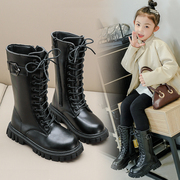女童靴子儿童马丁靴，2023秋冬黑色加绒高筒，皮靴洋气女孩长筒靴