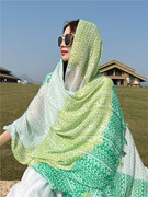 小清新绿色碎花丝巾女围巾，防晒旅游大披肩，沙滩巾薄款棉麻夏季纱巾