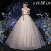 2023奢华婚纱礼服小个子女婚纱一字肩齐地香槟色重工赫本抹胸