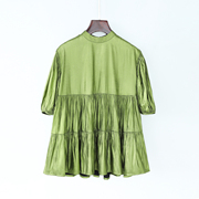 外贸童装夏装荧光绿纯色可爱泡泡袖宽松七分袖公主裙连衣裙