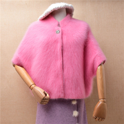 秋冬气质甜美粉色加厚长毛水貂绒时尚半袖披肩马甲外套毛衣女h61