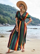 欧美风夏季V领条纹印花松紧高腰旅游海边沙滩长裙短袖连衣裙
