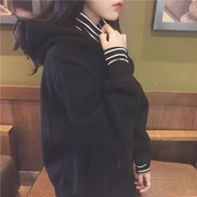 冬季新款韩版长袖加绒加厚假两件连帽外套原宿风宽松显瘦bf卫衣女